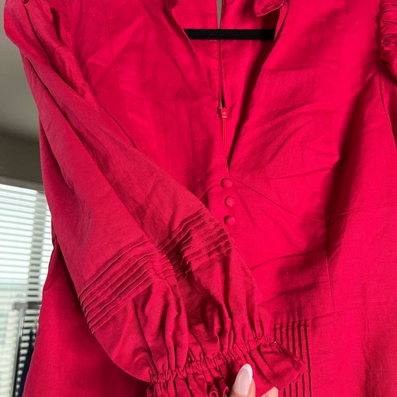 Haute Rogue red linen/cotton mini dress w puffed sleeves - Picture 9 of 10